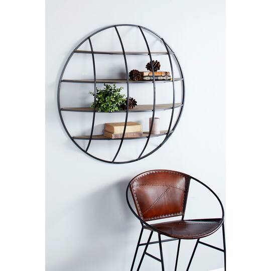 36" Light Brown Iron Round Wall Shelf Unit